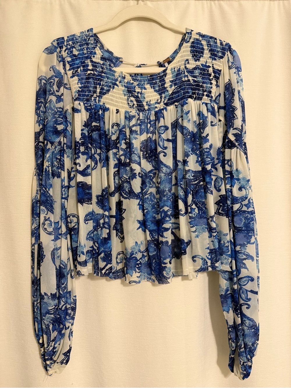 Free People Blue and White Smocked Yoke Floral Peasant Blouse